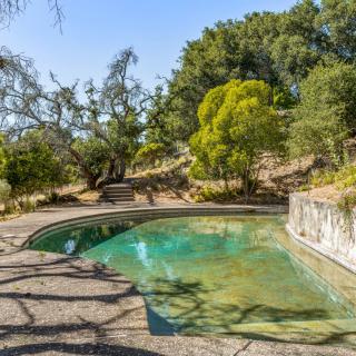 A serene outdoor pool surrounded by lush greenery and trees.