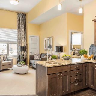 A modern open-plan kitchen and living room with stylish furnishings and decor.