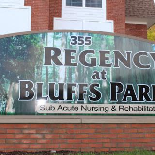 Sign indicating the location of Regency at Bluffs Park, a sub-acute nursing and rehabilitation facility.
