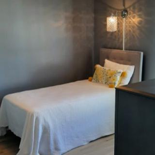 A modern minimalist bedroom featuring a single bed with gray walls and stylish lighting.