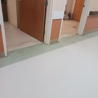 A view of a clean hallway with multiple doors.