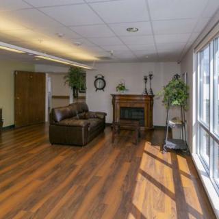 A spacious living room with hardwood flooring, a sofa set, and a fireplace, complemented by indoor plants and large windows letting in natural light.
