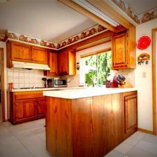 A traditional kitchen with wooden cabinets and a central countertop, featuring a microwave and indoor plants by the window.