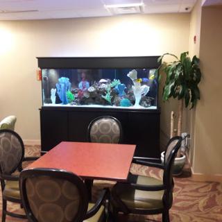 A cozy dining area featuring a vibrant aquarium and comfortable seating.