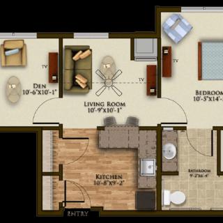 A floor plan of a one-bedroom apartment featuring a kitchen, living room, bathroom, and office area.