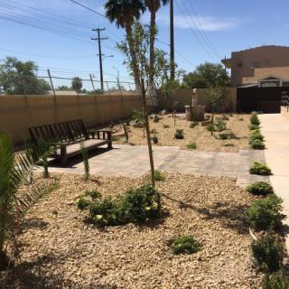 A sunny yard with desert landscaping featuring benches, plants, and a gravel pathway.