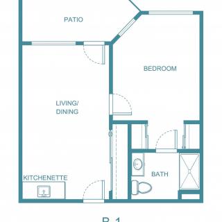 A simple floor plan of a one-bedroom apartment featuring a living/dining area, a kitchenette, a bathroom, and a patio.
