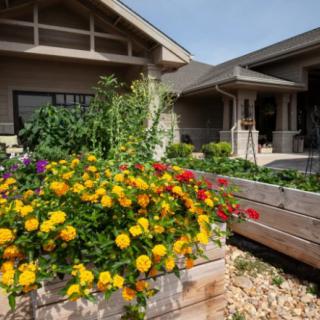 A beautifully maintained garden with vibrant flowers in raised beds in front of a residential house.