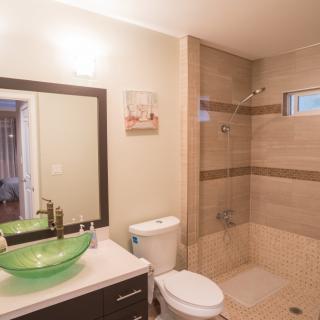 A modern bathroom with a glass vessel sink, a toilet, and a walk-in shower.
