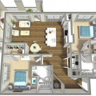 3D floor plan depicting a modern apartment layout with three bedrooms, a living area, and an open kitchen.