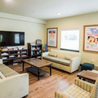 A cozy living room with sofas, a television, and colorful posters on the walls.
