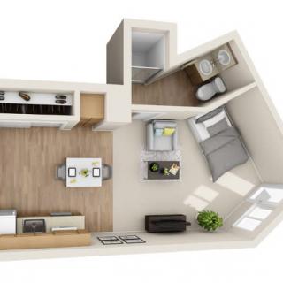 A detailed floor plan of a modern apartment featuring an open living and kitchen area, a separate bedroom, and a bathroom.