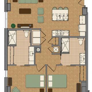 An apartment floor plan featuring two bedrooms, a living area, a kitchen, and two bathrooms.