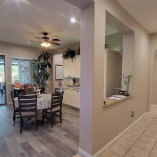 A spacious kitchen and dining area featuring modern furniture and decorative plants.