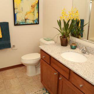 A tidy bathroom featuring a sink with a wooden cabinet, a toilet, wall art, and a potted plant on the countertop.