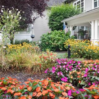 A vibrant garden with a variety of colorful flowers in front of a house.