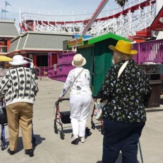 A group of elderly individuals walking through an amusement park on a sunny day.