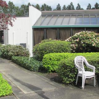 A serene outdoor garden with a pathway lined by lush greenery and a plastic chair.