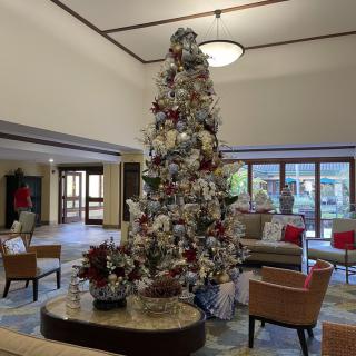 A beautifully decorated Christmas tree stands tall in a spacious lobby with comfortable seating and festive decorations.