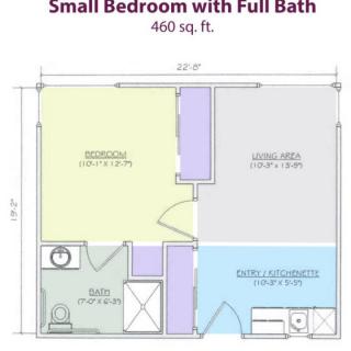 Layout of a small bedroom with full bath totaling 460 square feet.