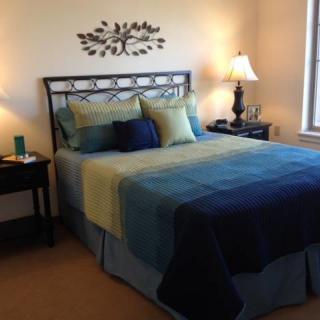 A cozy bedroom with a neatly made bed, accented with blue and green pillows, a nightstand with a lamp, and decorative wall art.
