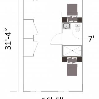 A compact floor plan layout featuring two beds, a bathroom, and dimensions of the space.
