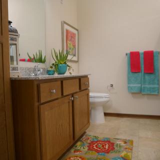 A cozy and well-decorated bathroom with wooden cabinets, potted plants, colorful towels, and a decorative rug.