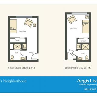 Floor plans for small studio apartments with different layouts.