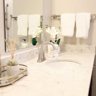 A clean and elegant bathroom with a marble countertop, featuring a sink, mirror, neatly hung towels, and decorative plants.