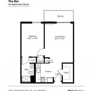 Floor plan of a one-bedroom apartment with a living room, kitchen, bathroom, and balcony.