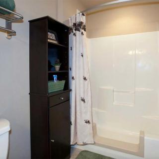 A clean and organized bathroom with a shower, curtain, cabinet, and toilet.