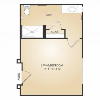 Studio apartment floor plan with a combined living room and bedroom, closet, and bathroom.