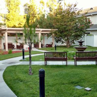 A tranquil garden area with benches, a fountain, and pathways surrounded by greenery.