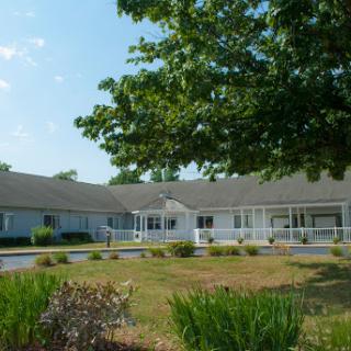 A serene view of a residential building surrounded by greenery.