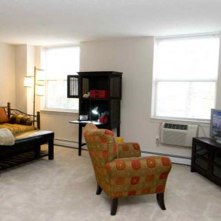 A cozy living room featuring a sofa, patterned armchair, cabinet, and a television with ample natural light from the windows.