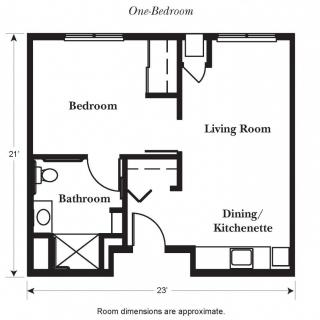 A one-bedroom apartment floor plan showing the layout of a living room, bedroom, bathroom, and dining/kitchenette area.