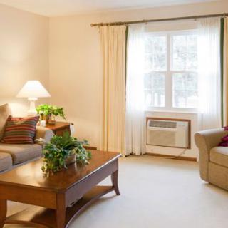 Cozy living room with a sofa, armchair, and coffee table by the window.