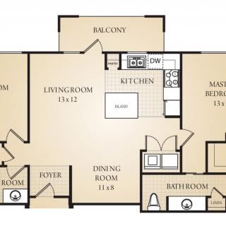 A detailed floor plan of a two-bedroom apartment featuring a kitchen, living room, dining area, and balcony.