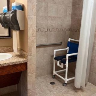 An accessible bathroom featuring a shower chair and grab bar.