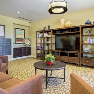 A cozy living room with a TV, bookshelves, and comfortable seating.
