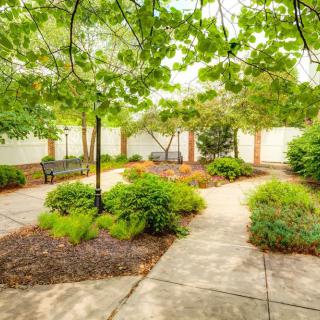 A serene garden with a pathway surrounded by lush greenery and benches.