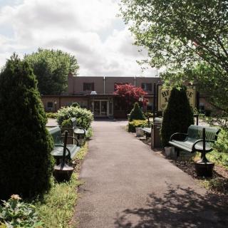 A peaceful garden with a pathway flanked by benches and lush greenery.
