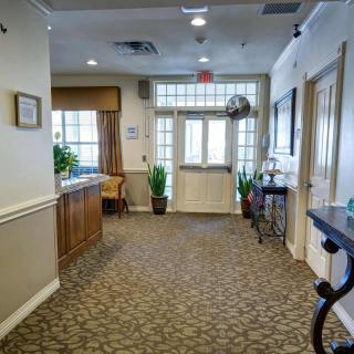 A well-lit hallway with carpeted flooring, decorated with plants and featuring large windows and doors.
