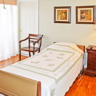 A cozy bedroom with a single bed, wooden flooring, and elegant decor.