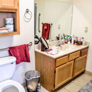 A tidy bathroom with a sink, mirror, toilet, and various personal care items on the countertop.