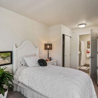 A cozy bedroom with white walls, featuring a neatly made bed, a small bedside table with a lamp, and decorative elements like a plant and framed artwork.