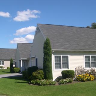 A row of suburban houses with well-maintained lawns and gardens under a clear blue sky.