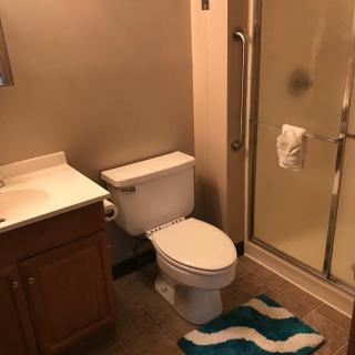 A clean bathroom with a shower, toilet, sink, and colorful rug.