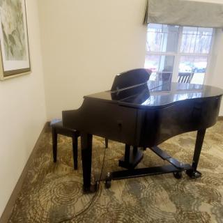A grand piano in a well-lit room next to a window.