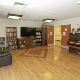 A cozy entertainment room featuring a large television, bookshelves, and a piano.